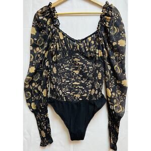Free People Women’s Top Brunch Date Bodysuit Long Sleeve Floral Size Small